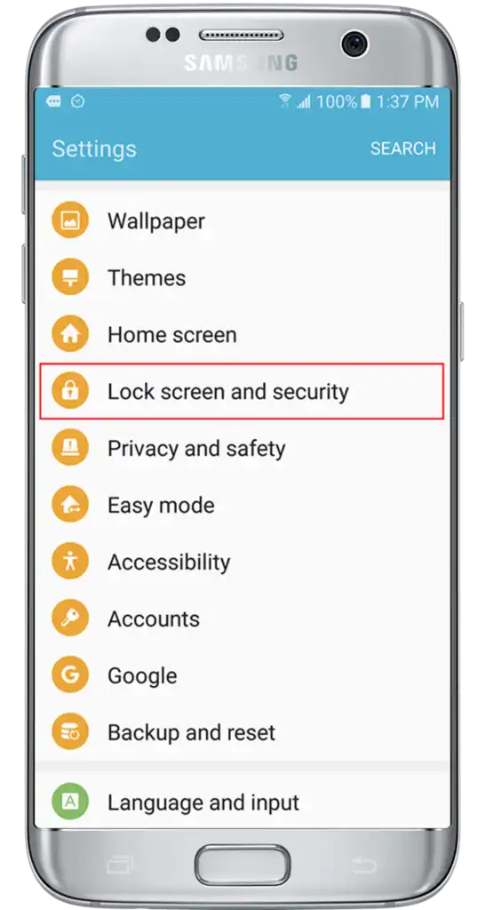 Tap the Security from the list